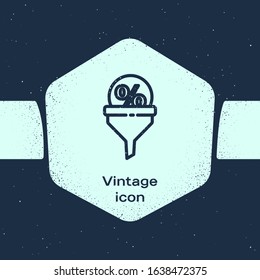 Grunge line Lead management icon isolated on blue background. Funnel with discount percent. Target client business concept. Monochrome vintage drawing. Vector Illustration