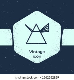 Grunge line Light rays in prism icon isolated on blue background. Ray rainbow spectrum dispersion optical effect in glass prism. Monochrome vintage drawing. Vector Illustration