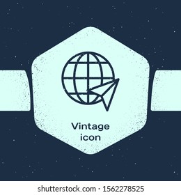 Grunge line Location on the globe icon isolated on blue background. World or Earth sign. Monochrome vintage drawing. Vector Illustration