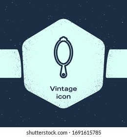 Grunge line Magic hand mirror icon isolated on blue background. Monochrome vintage drawing. Vector Illustration