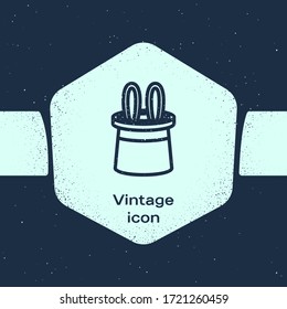 Grunge line Magician hat and rabbit ears icon isolated on blue background. Magic trick. Mystery entertainment concept. Monochrome vintage drawing. Vector Illustration