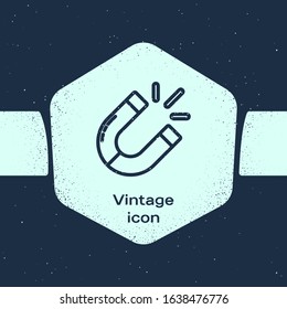 Grunge line Magnet icon isolated on blue background. Horseshoe magnet, magnetism, magnetize, attraction. Monochrome vintage drawing. Vector Illustration