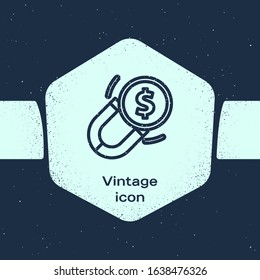Grunge line Magnet with money icon isolated on blue background. Concept of attracting investments. Big business profit attraction and success. Monochrome vintage drawing. Vector Illustration