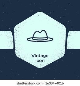 Grunge line Man hat with ribbon icon isolated on blue background. Monochrome vintage drawing. Vector Illustration