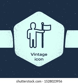 Grunge line Man holding flag icon isolated on blue background. Monochrome vintage drawing. Vector Illustration