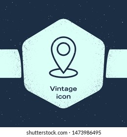 Grunge line Map pin icon isolated on blue background. Navigation, pointer, location, map, gps, direction, place, compass, contact, search concept. Monochrome vintage drawing. Vector Illustration