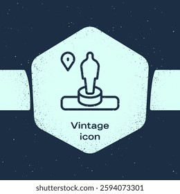 Grunge line Map pin and monument icon isolated on blue background. Navigation, pointer, location, map, gps, direction, place, compass, search concept. Monochrome vintage drawing. Vector