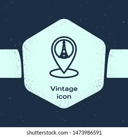 Grunge line Map pointer with Eiffel tower icon isolated on blue background. France Paris landmark symbol. Monochrome vintage drawing. Vector Illustration