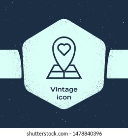 Grunge line Map pointer and heart icon isolated blue background  Valentines day  Love location  Romantic map pin  Monochrome vintage drawing  Vector Illustration