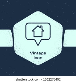 Grunge line Map pointer with house icon isolated on blue background. Home location marker symbol. Monochrome vintage drawing. Vector Illustration