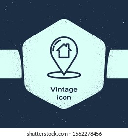 Grunge line Map pointer with house icon isolated on blue background. Home location marker symbol. Monochrome vintage drawing. Vector Illustration