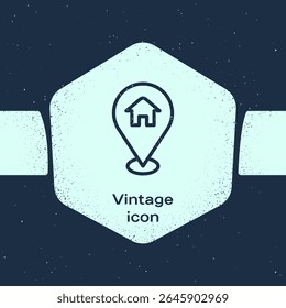 Puntero de mapa de línea de Grunge con icono de la casa aislado sobre fondo azul. Símbolo de marcador de ubicación de inicio. Dibujo vintage monocromo. Vector