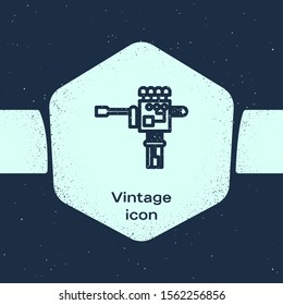 Grunge line Mechanical robot hand and screwdriver tool icon isolated on blue background. Robotic arm symbol. Technological concept. Monochrome vintage drawing. Vector Illustration