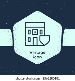 Grunge line Medical hospital building with shield icon isolated on blue background. Medical insurance. Security, safety, protection concept. Monochrome vintage drawing. Vector Illustration