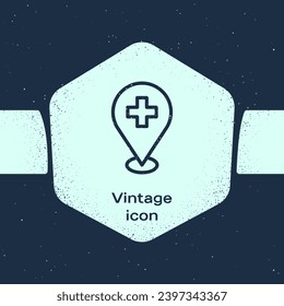 Grunge line Medical map pointer with cross hospital icon isolated on blue background. Monochrome vintage drawing. Vector