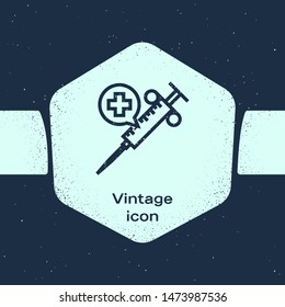 Grunge line Medical syringe with needle icon isolated on blue background. Vaccination, injection, vaccine, insulin concept. Monochrome vintage drawing. Vector Illustration