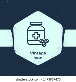 Grunge line Medicine bottle and pills icon isolated on blue background. Bottle pill sign. Pharmacy design. Monochrome vintage drawing. Vector Illustration