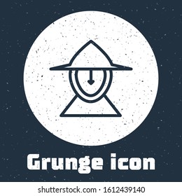 Grunge line Medieval iron helmet for head protection icon isolated on grey background. Monochrome vintage drawing. Vector Illustration