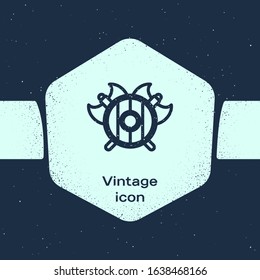 Grunge line Medieval shield with crossed axes icon isolated on blue background. Battle axe, executioner axe. Monochrome vintage drawing. Vector Illustration