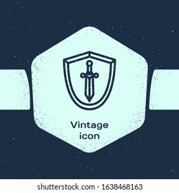 Grunge line Medieval shield with sword icon isolated on blue background. Monochrome vintage drawing. Vector Illustration