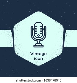 Grunge line Microphone icon isolated on blue background. On air radio mic microphone. Speaker sign. Monochrome vintage drawing. Vector Illustration