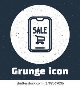 Grunge line Mobile phone and shopping cart icon isolated on grey background. Online buying symbol. Supermarket basket symbol. Monochrome vintage drawing. Vector Illustration