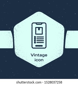 Grunge line Mobile smart phone with app delivery tracking icon isolated on blue background. Parcel tracking. Monochrome vintage drawing. Vector Illustration
