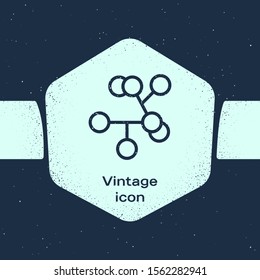 Grunge line Molecule icon isolated on blue background. Structure of molecules in chemistry, science teachers innovative educational poster. Monochrome vintage drawing. Vector Illustration