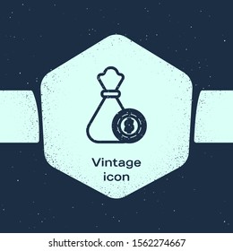 Grunge line Money bag and casino chips icon isolated on blue background. Dollar or USD symbol. Cash Banking currency sign. Monochrome vintage drawing. Vector Illustration