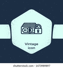Grunge line Money with lock icon isolated on blue background. Locked money. Security, safety, protection concept. Concept of a safe payment. Monochrome vintage drawing. Vector Illustration