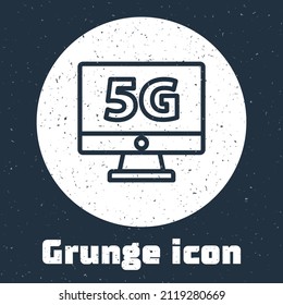 Grunge line Monitor with 5G new wireless internet wifi icon isolated on grey background. Global network high speed connection data rate technology. Monochrome vintage drawing. Vector