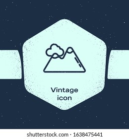 Grunge line Mountains icon isolated on blue background. Symbol of victory or success concept. Monochrome vintage drawing. Vector Illustration