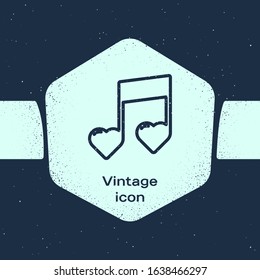 Grunge line Music note, tone with hearts icon isolated on blue background. Valentines day. Monochrome vintage drawing. Vector Illustration