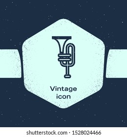 Grunge line Musical instrument trumpet icon isolated on blue background. Monochrome vintage drawing. Vector Illustration