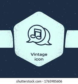 Grunge line Musical note in speech bubble icon isolated on blue background. Music and sound concept. Monochrome vintage drawing. Vector