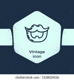 Grunge line Mustache and beard icon isolated on blue background. Barbershop symbol. Facial hair style. Monochrome vintage drawing. Vector Illustration