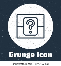 Grunge line Mystery box or random loot box for games icon isolated on grey background. Question box. Monochrome vintage drawing. Vector Illustration