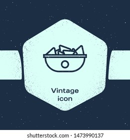 Grunge line Nachos in plate icon isolated on blue background. Tortilla chips or nachos tortillas. Traditional mexican fast food menu. Monochrome vintage drawing. Vector Illustration