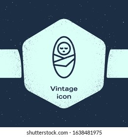 Grunge line Newborn baby infant swaddled or swaddling icon isolated on blue background. Baby kid child wrapped in blanket clothes. Monochrome vintage drawing. Vector Illustration