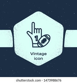 Grunge line Number 1 one fan hand glove with finger raised and american football ball icon isolated on blue background. Set of sport equipment. Monochrome vintage drawing. Vector Illustration