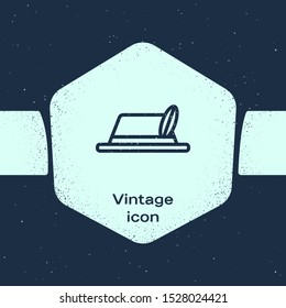 Grunge line Oktoberfest hat icon isolated on blue background. Hunter hat with feather. German hat. Monochrome vintage drawing. Vector Illustration
