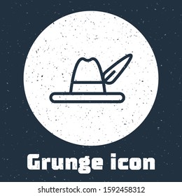 Grunge line Oktoberfest hat icon isolated on grey background. Hunter hat with feather. German hat. Monochrome vintage drawing. Vector Illustration