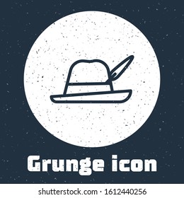 Grunge line Oktoberfest hat icon isolated on grey background. Hunter hat with feather. German hat. Monochrome vintage drawing. Vector Illustration