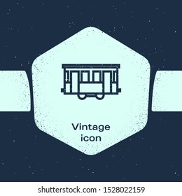 Grunge line Old city tram icon isolated on blue background. Public transportation symbol. Monochrome vintage drawing. Vector Illustration