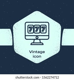 Grunge line Online slot machine with lucky sevens jackpot icon isolated on blue background. Online casino. Monochrome vintage drawing. Vector Illustration