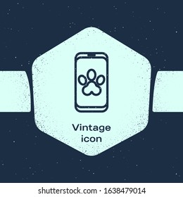 Grunge line Online veterinary clinic symbol icon isolated on blue background. Cross with dog veterinary care. Pet First Aid sign. Monochrome vintage drawing. Vector Illustration