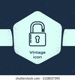 Grunge line Open padlock icon isolated on blue background. Opened lock sign. Cyber security concept. Digital data protection. Safety safety. Monochrome vintage drawing. Vector Illustration