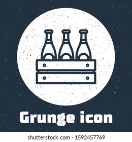 Grunge line Pack of beer bottles icon isolated on grey background. Wooden box and beer bottles. Case crate beer box sign. Monochrome vintage drawing. Vector Illustration