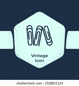 Grunge line Paper clip icon isolated on blue background. Monochrome vintage drawing. Vector Illustration