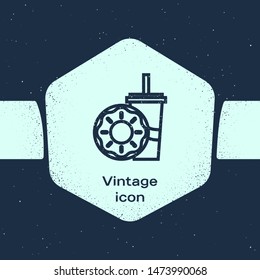 Grunge line Paper cup with drinking straw and donut icon isolated on blue background. Soda aqua drink sign. Fast food menu. Monochrome vintage drawing. Vector Illustration